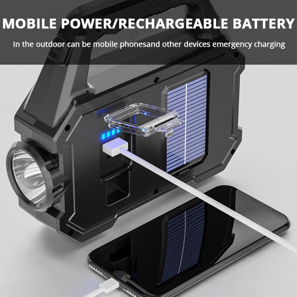 Lanterna Super potente, carrega com energia solar, totalmente a prova d'água portando um USB que carrrega seu celular com a lantena